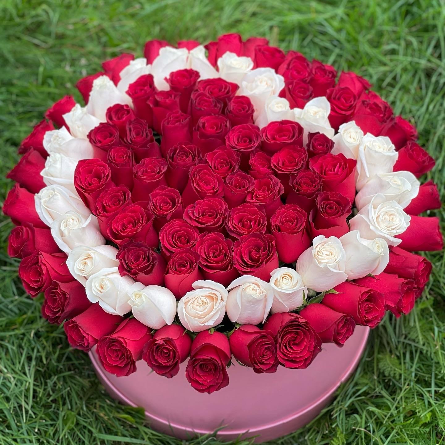 Цветы в коробке с красным сердцем 101 роза