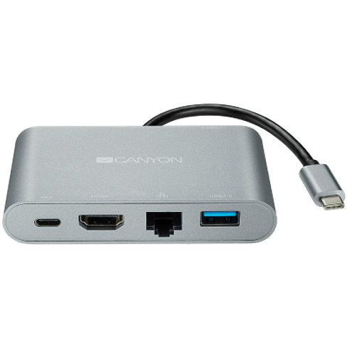 DS-4 Multiport Docking Station with 5 ports: 1*Type C male+1*HDMI+1*RJ45+2*USB3.0, Input 100-240V, Output USB-C PD 60W&USB-A 5V/1A, cabel length 0.11m, Rubber coating, Space grey Canyon