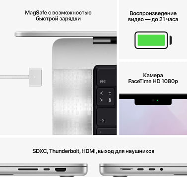 MacBook Pro 16 дюймов: M1 Pro 10‑ядерный процессор 16‑ядерный графический процессор, 16 ГБ объединённой памяти, SSD‑накопитель 512 ГБ, «серебристый» Apple MK1E3