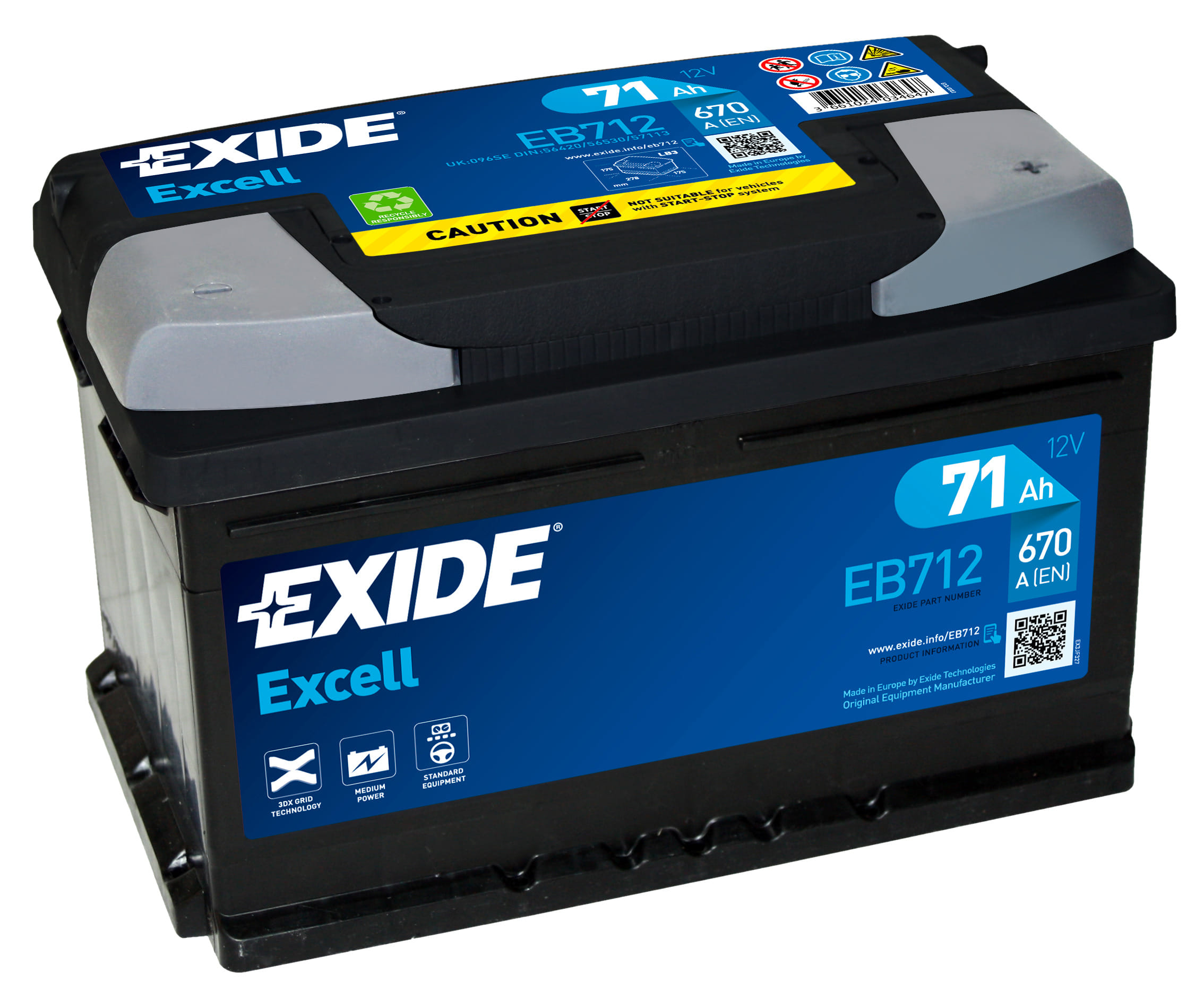 Аккумулятор EXIDE Excell 71Ah 670A R+