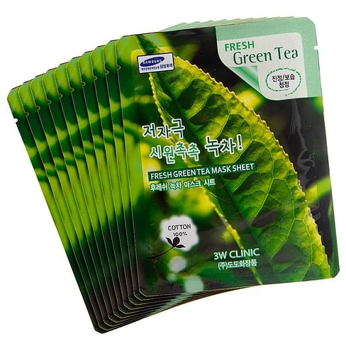НАБОР Тканевая маска для лица ЗЕЛЕНЫЙ ЧАЙ, 10 шт 3W CLINIC Fresh Green tea Mask Sheet