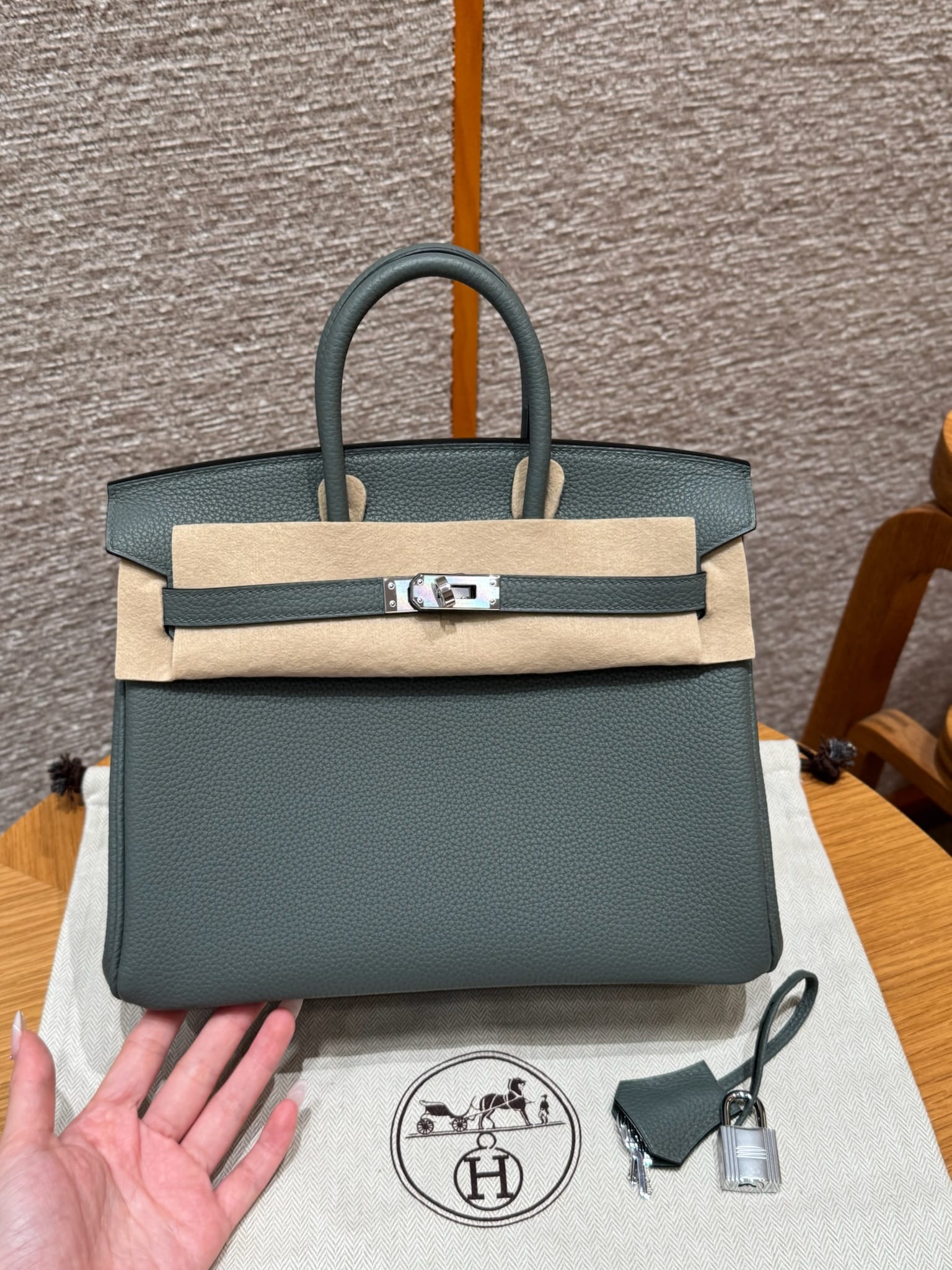 Birkin Hermes Togo 63/Vert Amanda silver