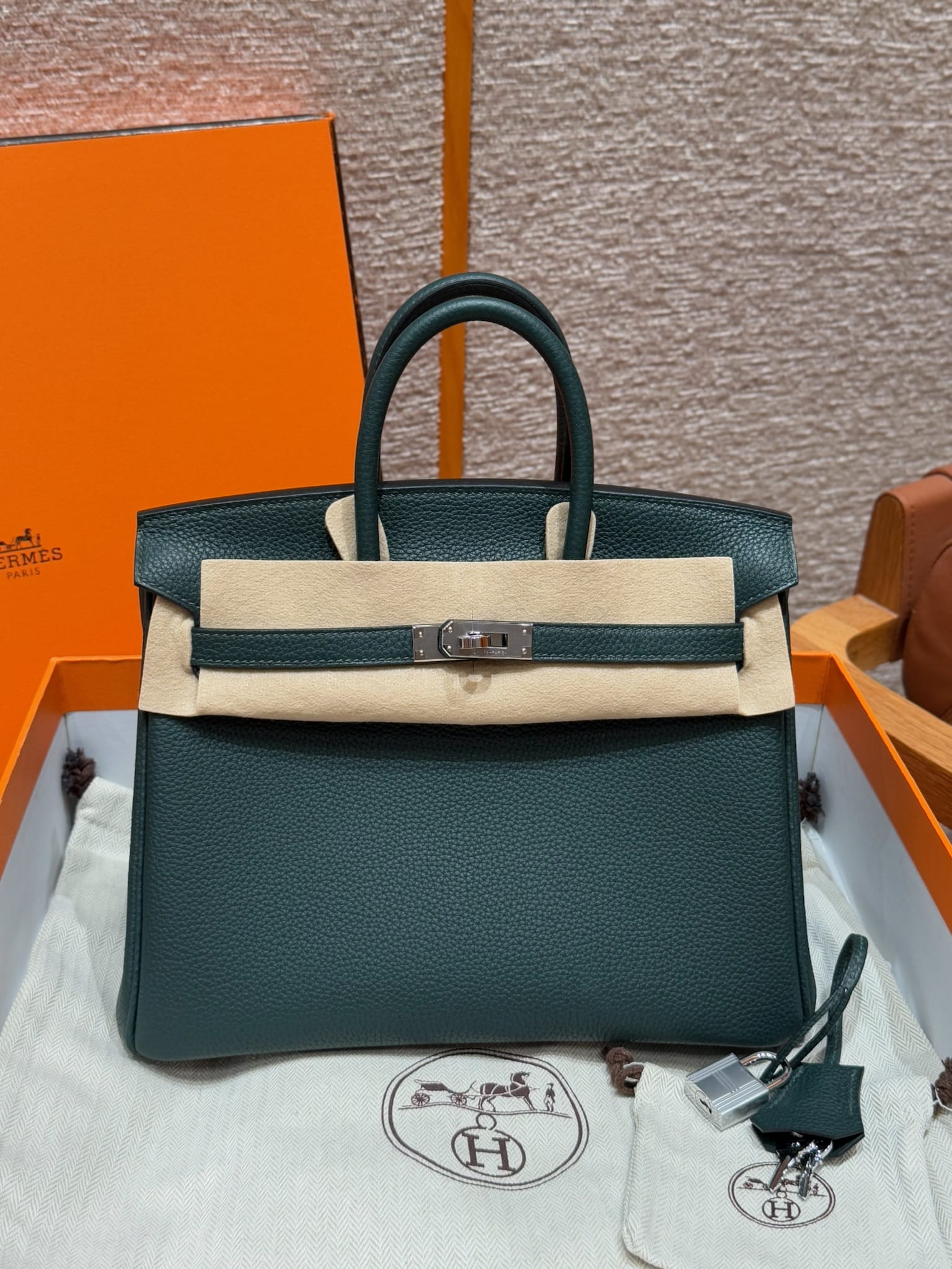 Birkin Hermes Togo 1T/Vert Titien silver