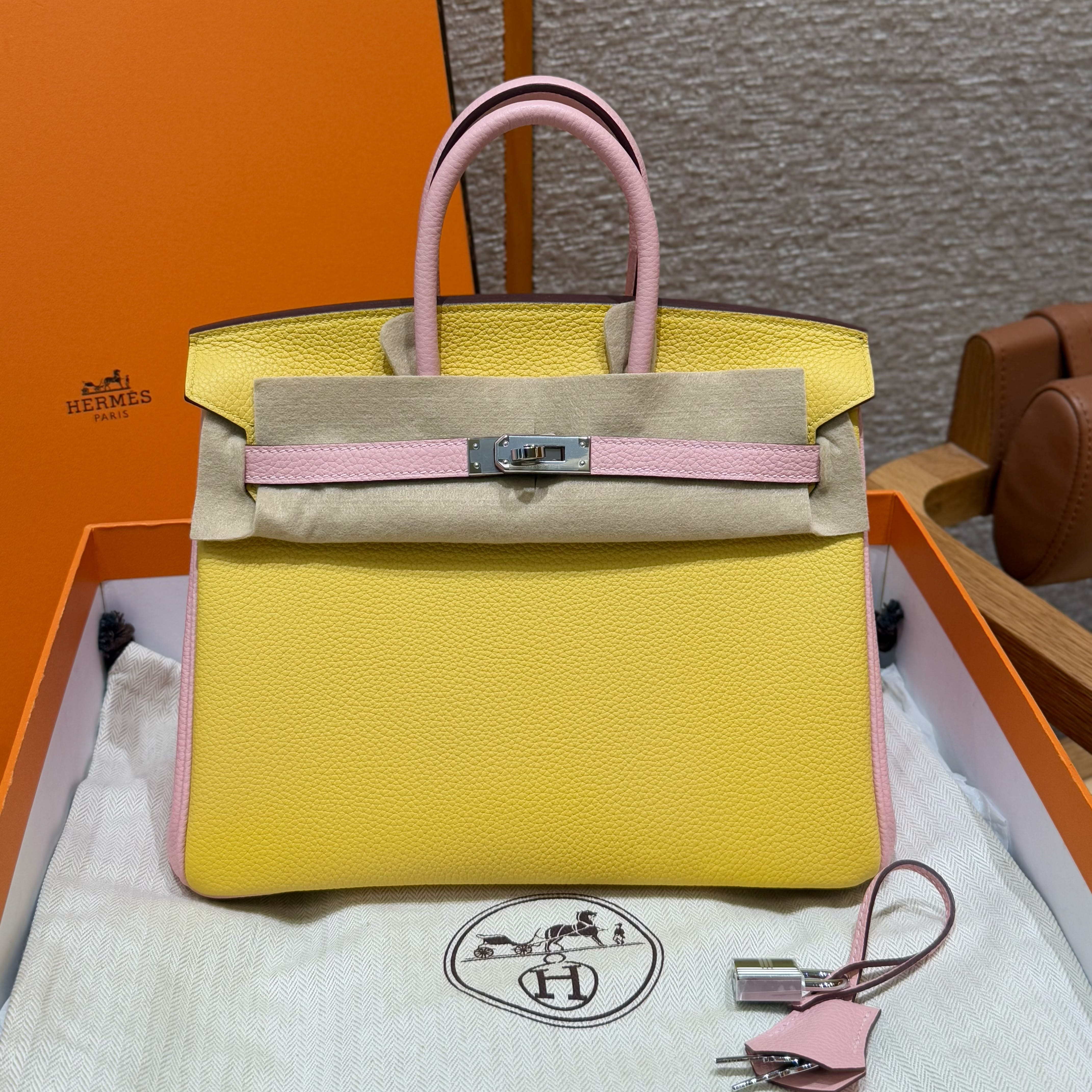 Birkin Hermes Togo 9o/Jaune Naples/3Q/Rose Sakura silver