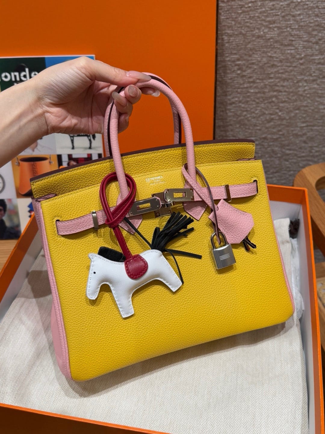 Birkin Hermes Togo 9o/Jaune Naples/3Q/Rose Sakura silver