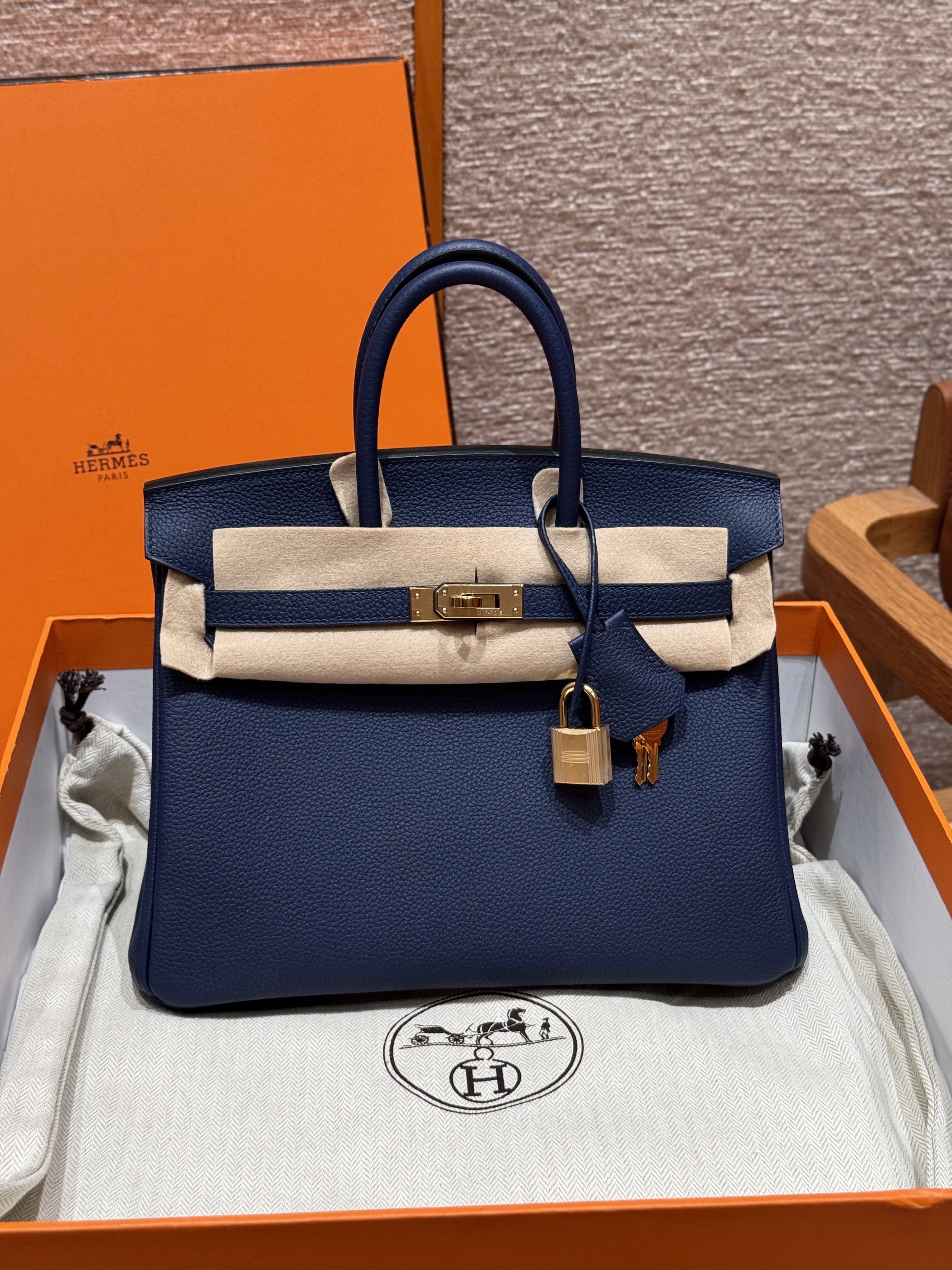 Birkin Hermes Togo 73/Blue saphir gold