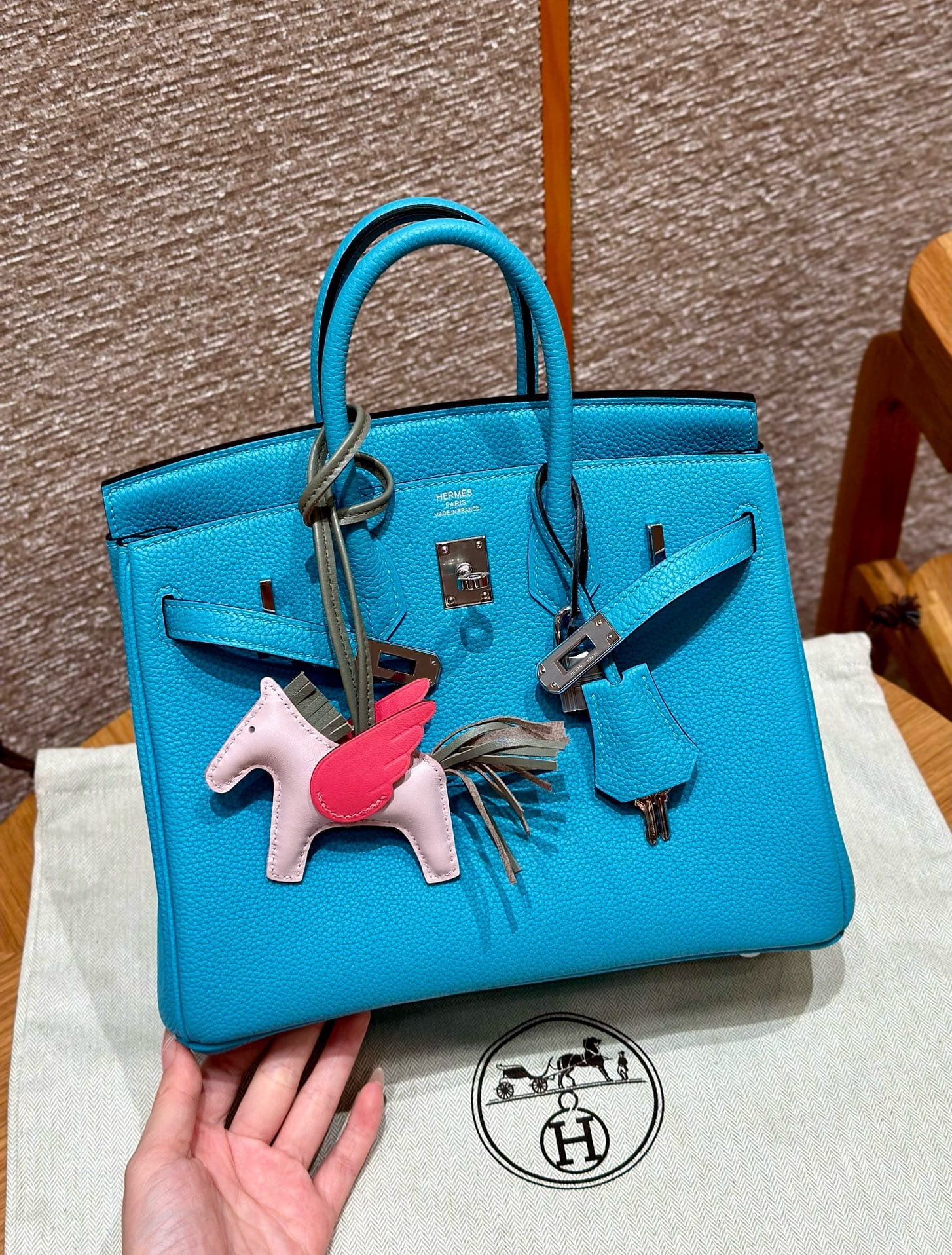 Birkin Hermes Togo 7F/Blue paon silver