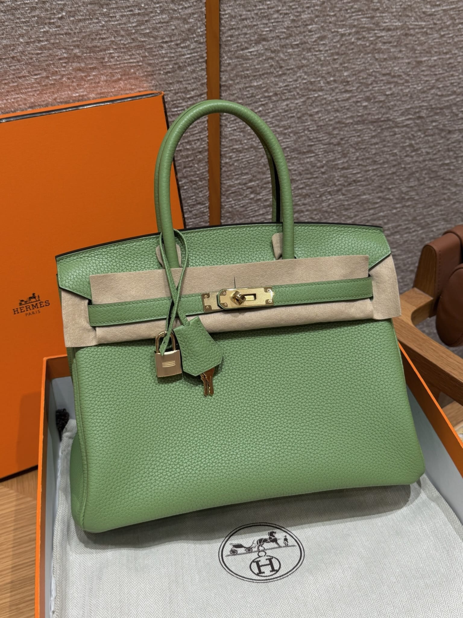 Birkin Hermes Togo 3i/Vert Criquent gold