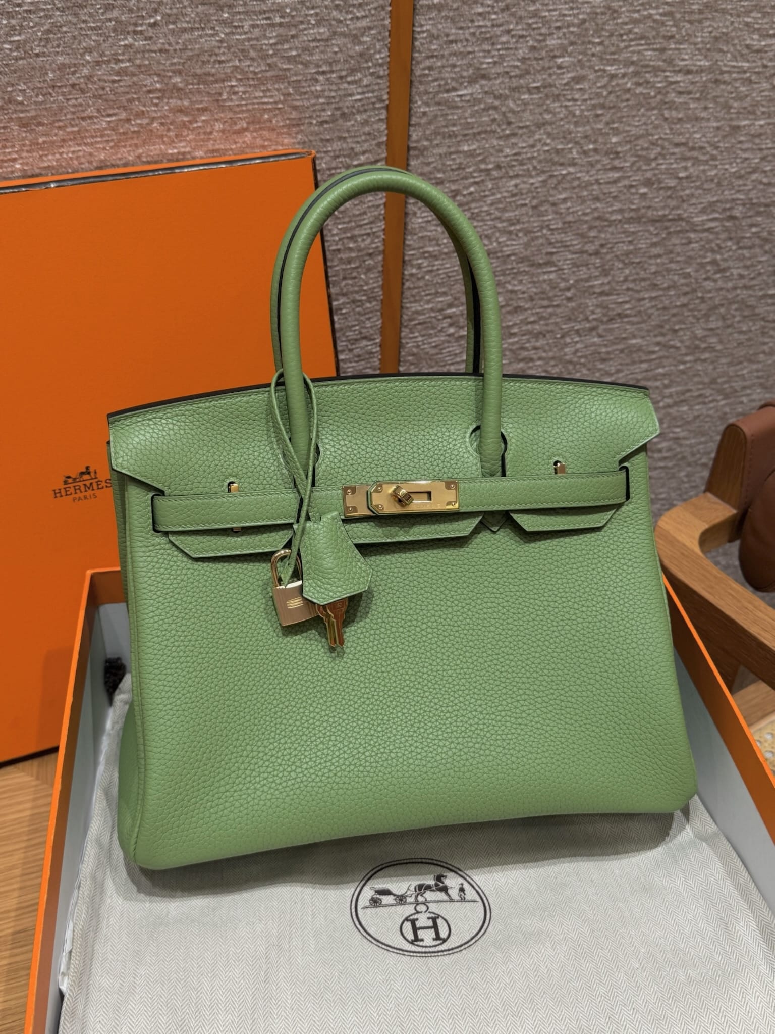 Birkin Hermes Togo 3i/Vert Criquent gold