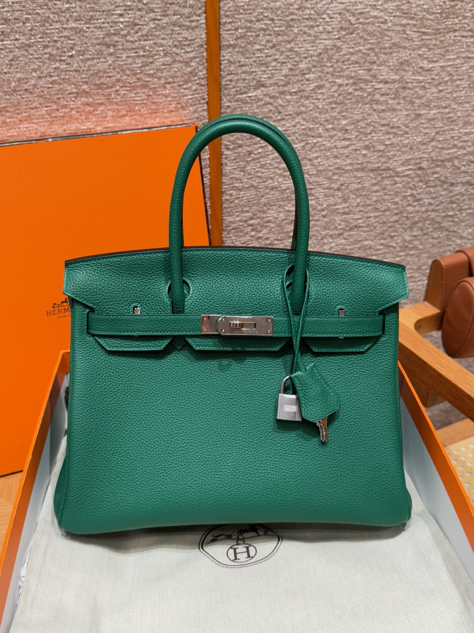 Birkin Hermes Togo U4/Vert vertigo silver