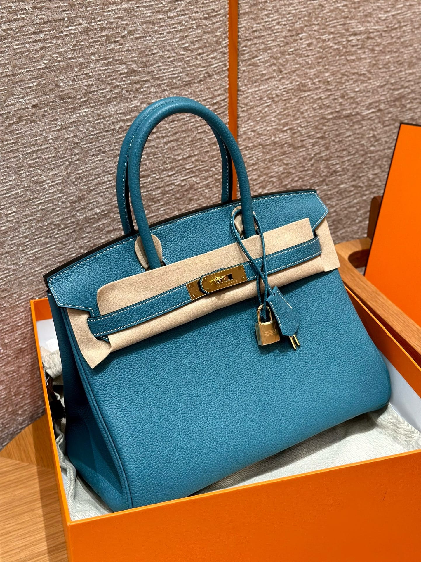 Birkin Hermes Togo 75/Blue Jean gold