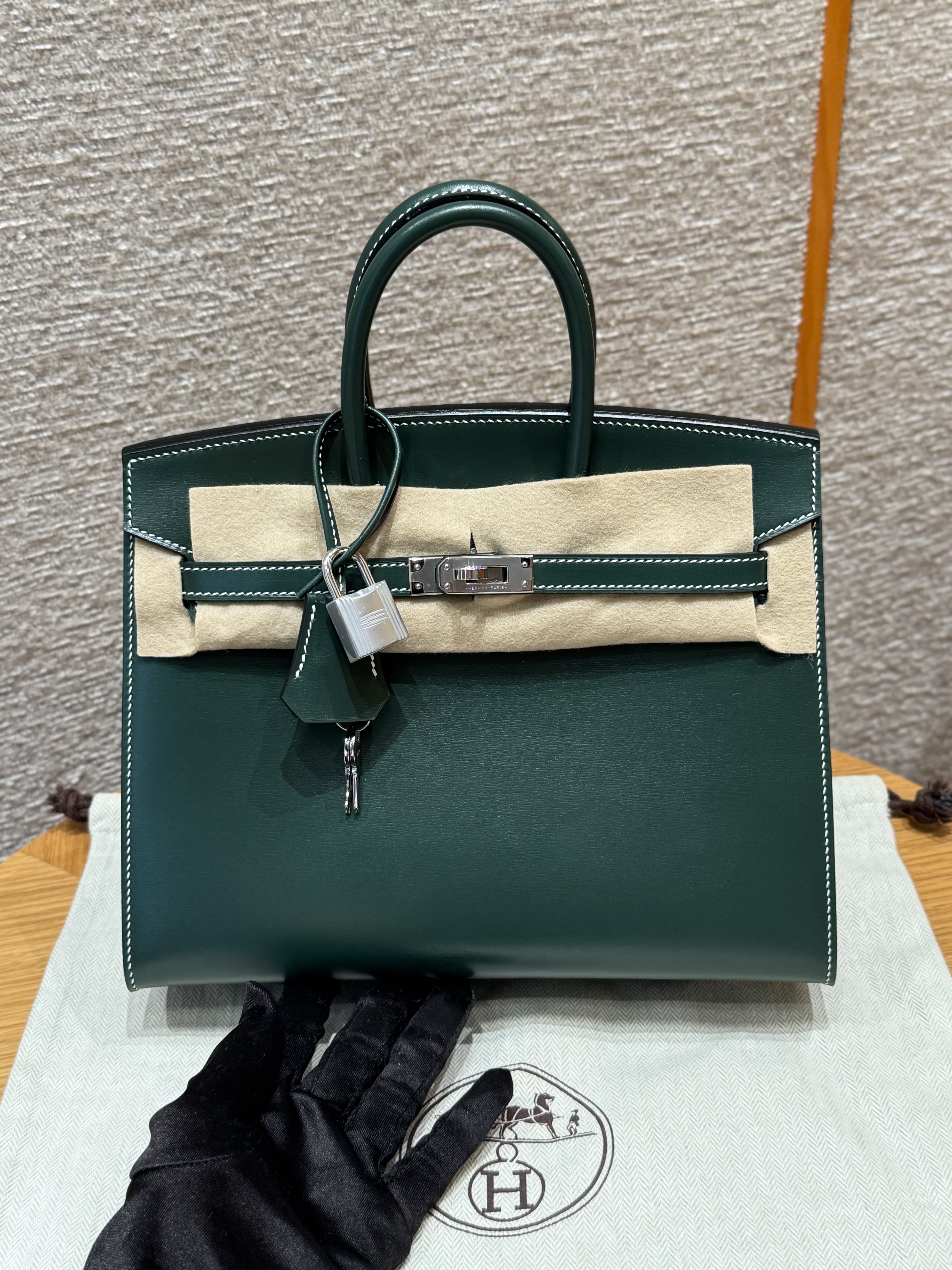 Birkin Hermes Box 67/Vert fonce silver