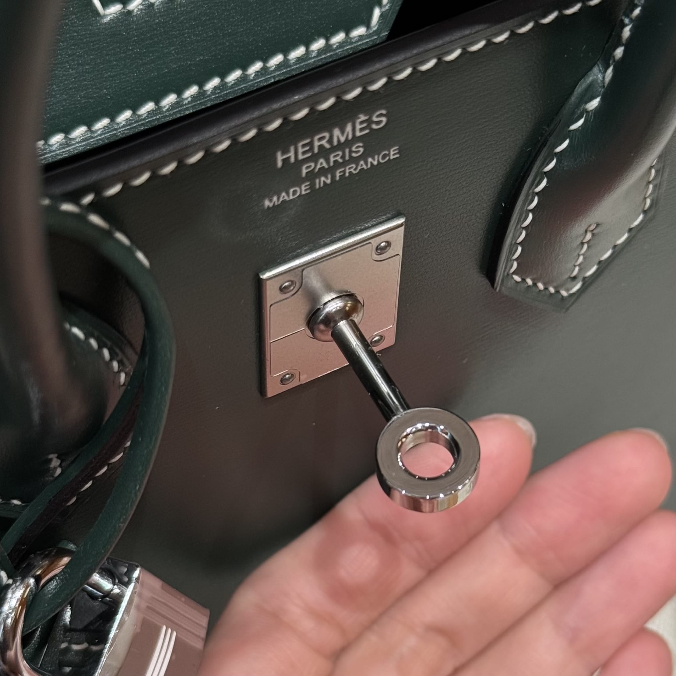 Birkin Hermes Box 67/Vert fonce silver