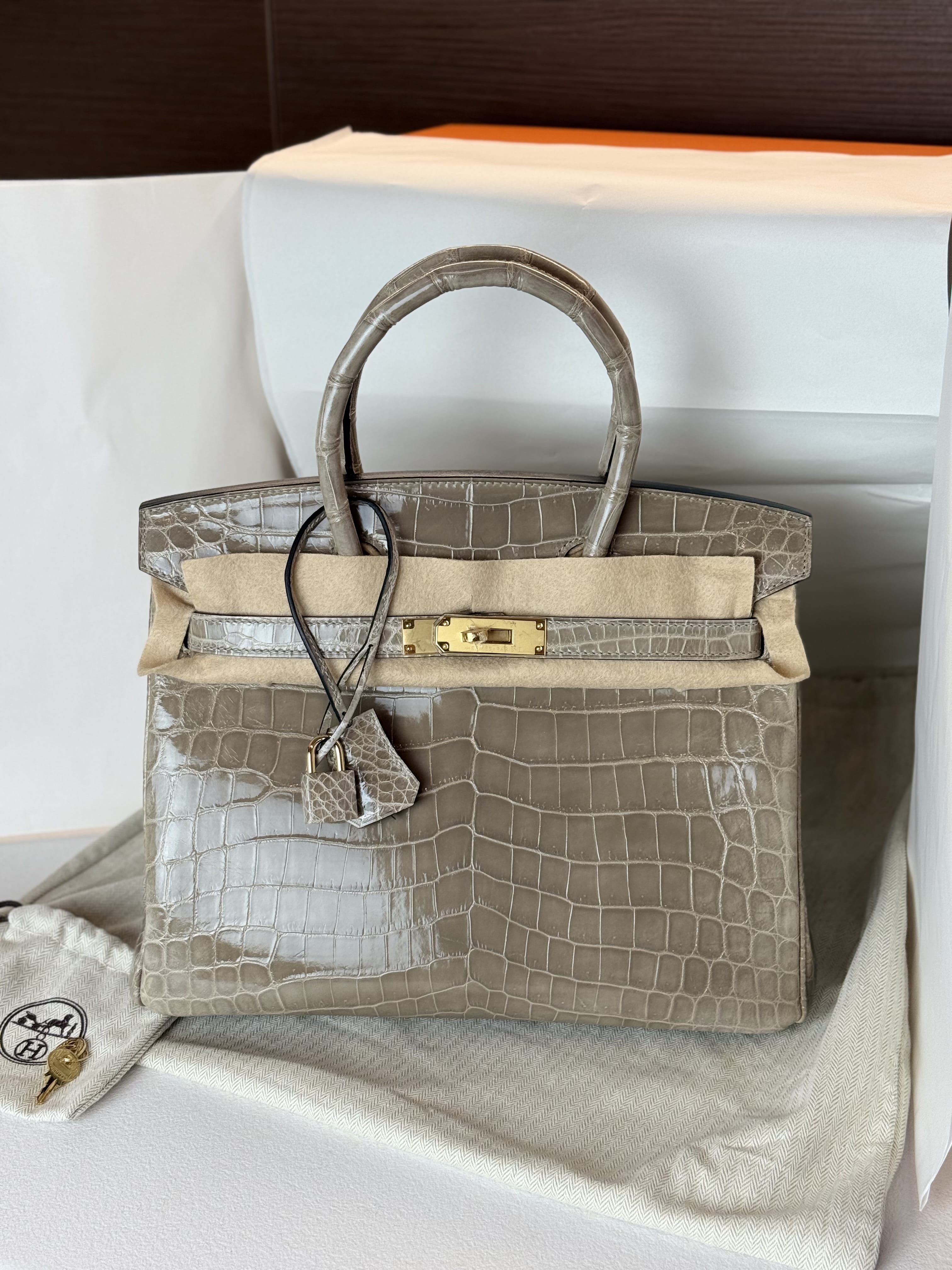 Birkin 30 GHW CK81/Gris Tourerlle Crocodile Porosus Hermes BK30.CK81.PC