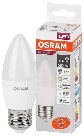 Лампа ЛЕД E27 6,5Вт свеча LVCLB60 7SW/830 OSRAM 579446