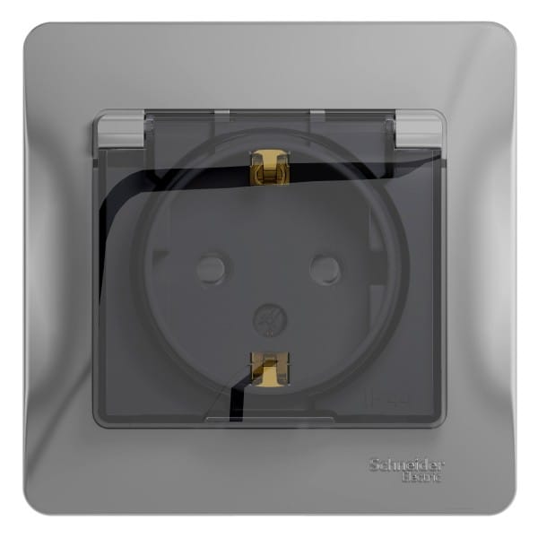Розетка Glossa с заземлением, со шторками, с крышкой, IP44, в сборе Алюминий Schneider Electric GSL000348