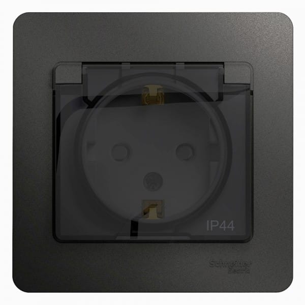 Розетка Glossa с заземлением, со шторками, с крышкой, IP44, в сборе Антрацит Schneider Electric GSL000748