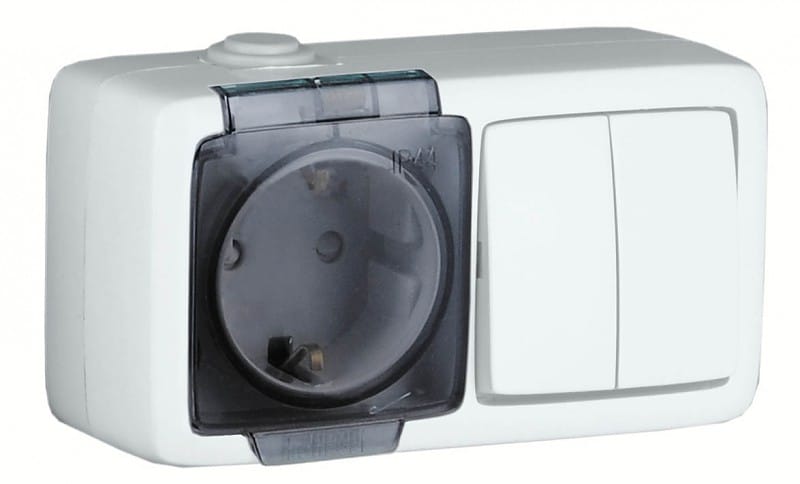 Блок Альфа розетка с заземлением + выключатель, IP44, 16А, Белый Hegel БА16-212