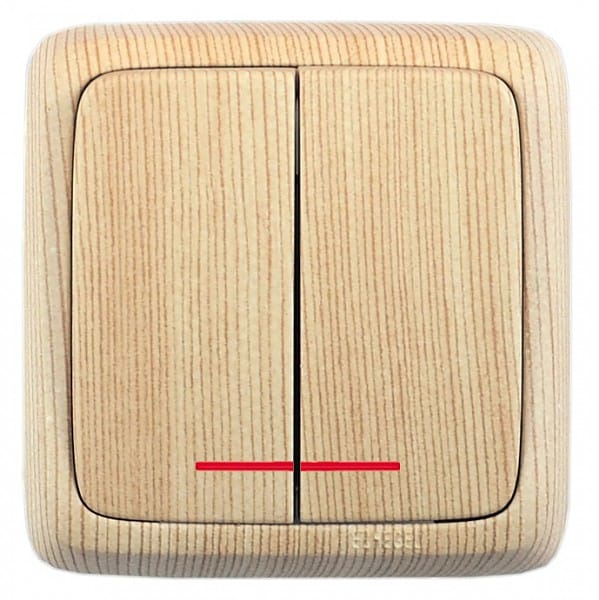 Выключатель Альфа с подсветкой 2-клавишный, 10А, Сосна Hegel ВА10-154-02