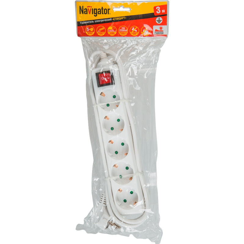 Удлинитель 5м 5 роз. с заземл. с выкл. защ/шт 10А (3х 0,75) 71558 Navigator