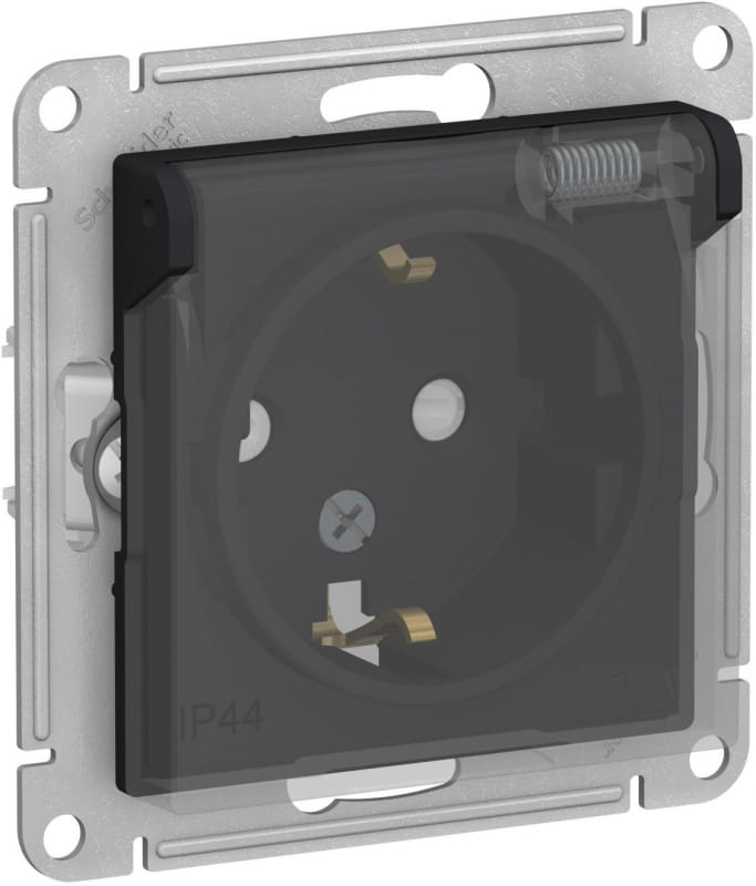 Розетка AtlasDesign Aqua с заземлением, со шторками, с крышкой, IP44, 16А, механизм Карбон Schneider Electric ATN441046