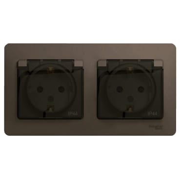 Розетка двойная Glossa с заземлением, со шторками, с крышкой, IP44, в сборе Шоколад Schneider Electric GSL000847