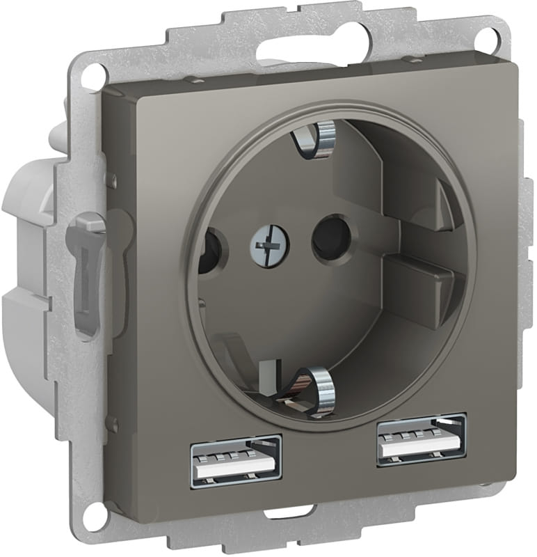Розетка AtlasDesign с зарядкой USB A+A, механизм Сталь Schneider Electric ATN000930