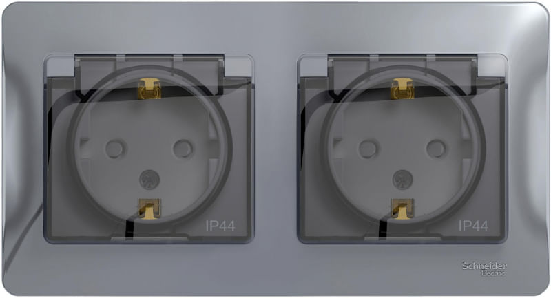 Розетка двойная Glossa с заземлением, со шторками, с крышкой, IP44, в сборе Алюминий Schneider Electric GSL000347
