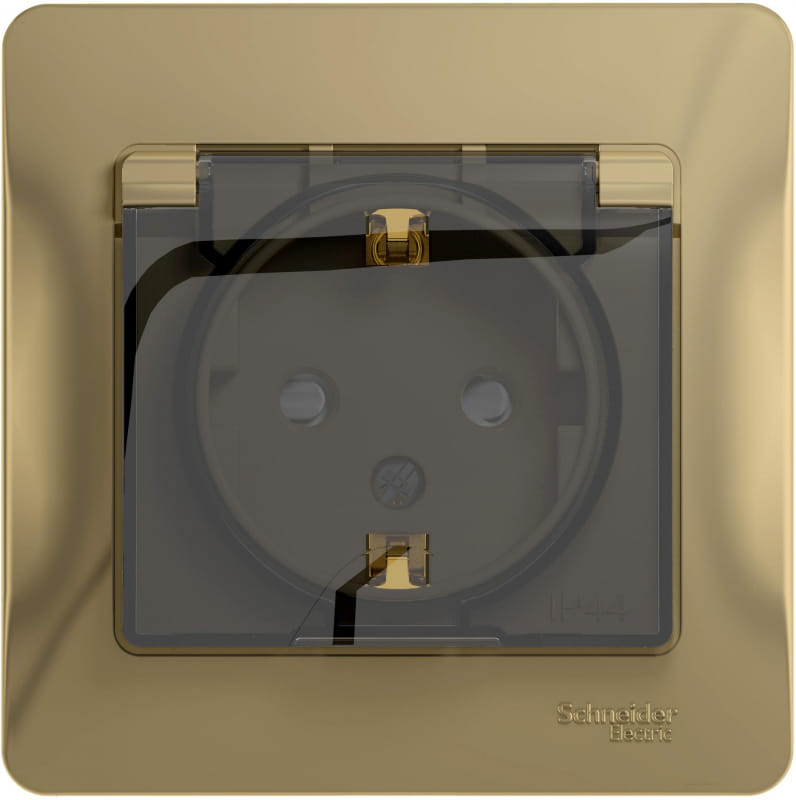 Розетка Glossa с заземлением, со шторками, с крышкой, IP44, в сборе Титан Schneider Electric GSL000448