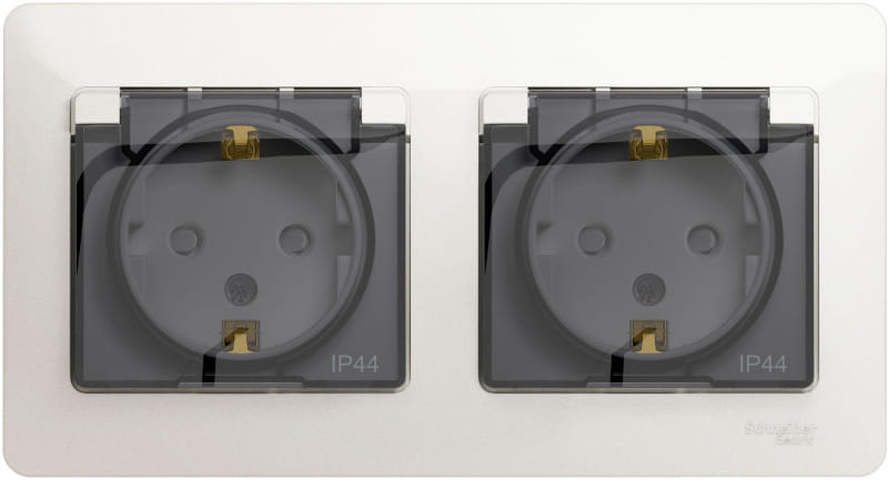 Розетка двойная Glossa с заземлением, со шторками, с крышкой, IP44, в сборе Перламутр Schneider Electric GSL000647