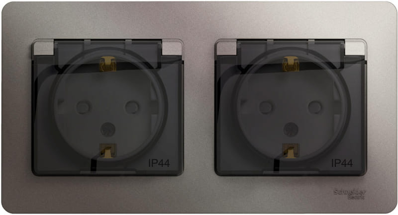 Розетка двойная Glossa с заземлением, со шторками, с крышкой, IP44, в сборе Платина Schneider Electric GSL001247