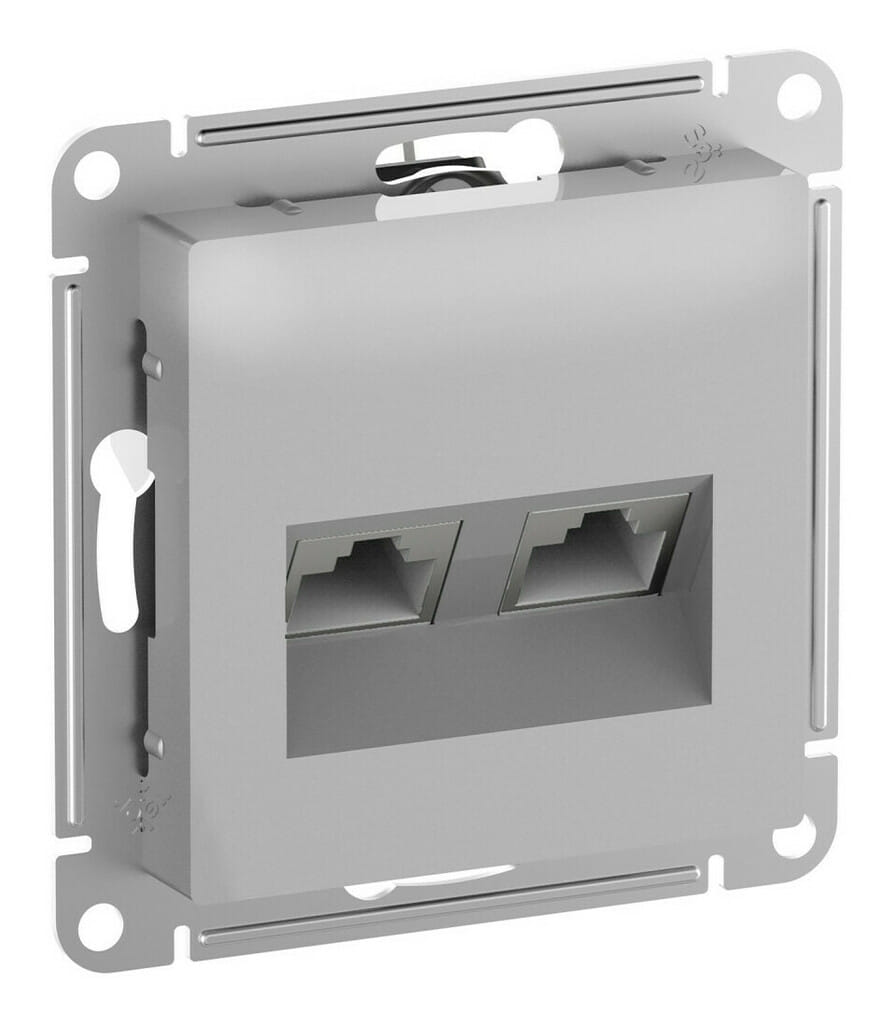Розетка AtlasDesign компьютерная RJ45+RJ45, кат. 6A, экран. (металлический разьем) механизм Алюминий Schneider Electric ATN000388