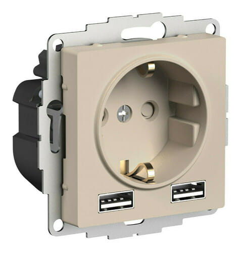 Розетка AtlasDesign с зарядкой USB A+A, механизм Песочный Schneider Electric ATN001230
