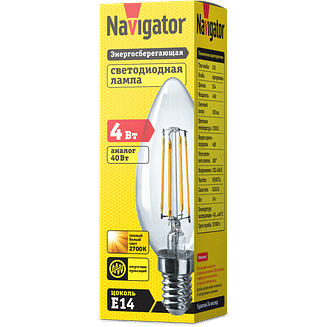 Лампа LED E14 4Вт свеча прозрачная (филамент) NLL-F-C35-4-230-2.7K-E14 Navigator 71307