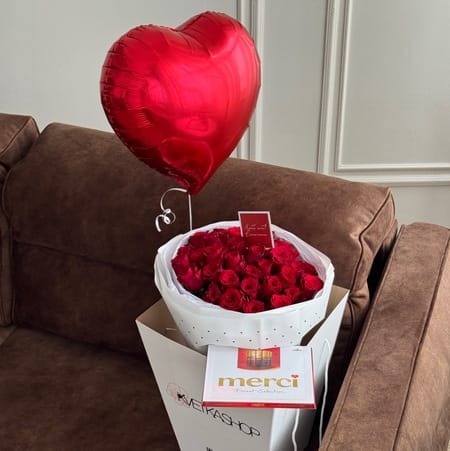 Набор №1 Красные розы(35шт)+мерси+шар+открытка