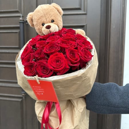 Букет с медведем РЕД 21шт