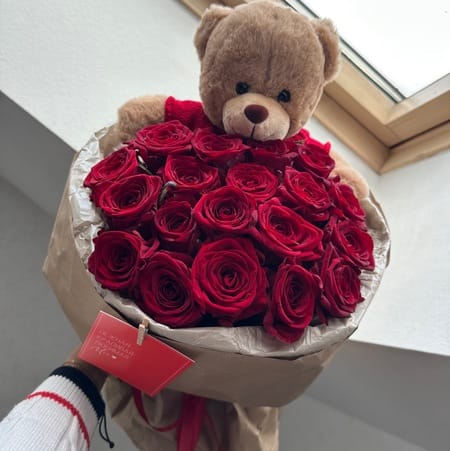 Букет с медведем РЕД 21шт