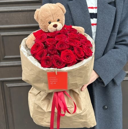 Букет с медведем РЕД 21шт