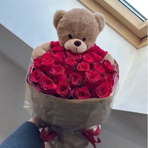 Букет с медведем РЕД 21шт