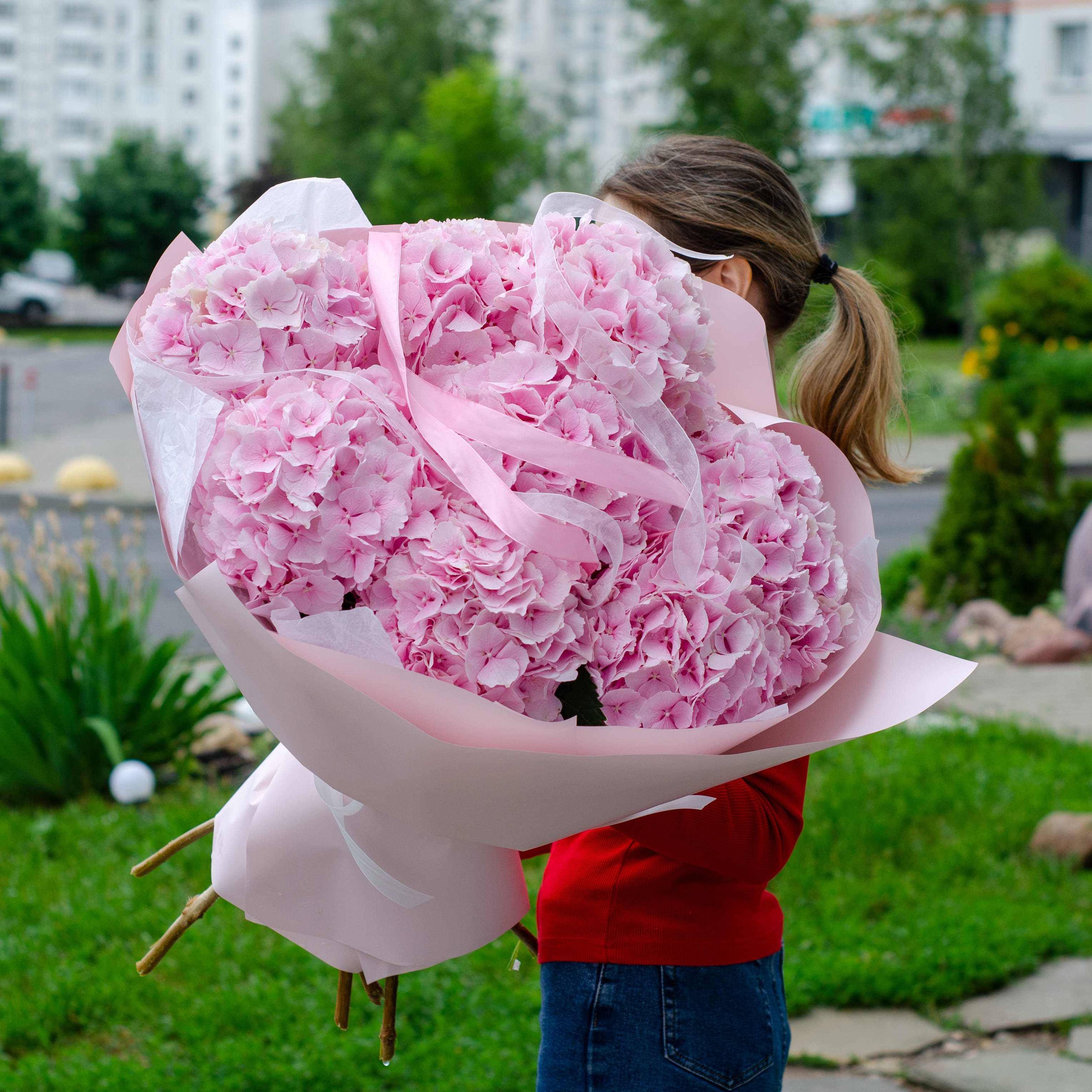 Букет из 9 розовых гортензий в упаковке