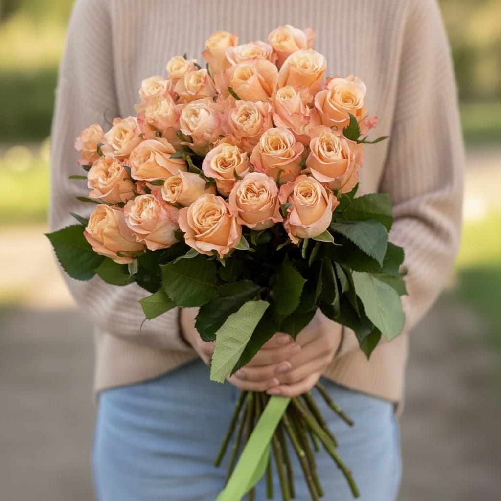 Букет из 25 пионовидных роз "Шёпот лепестков"