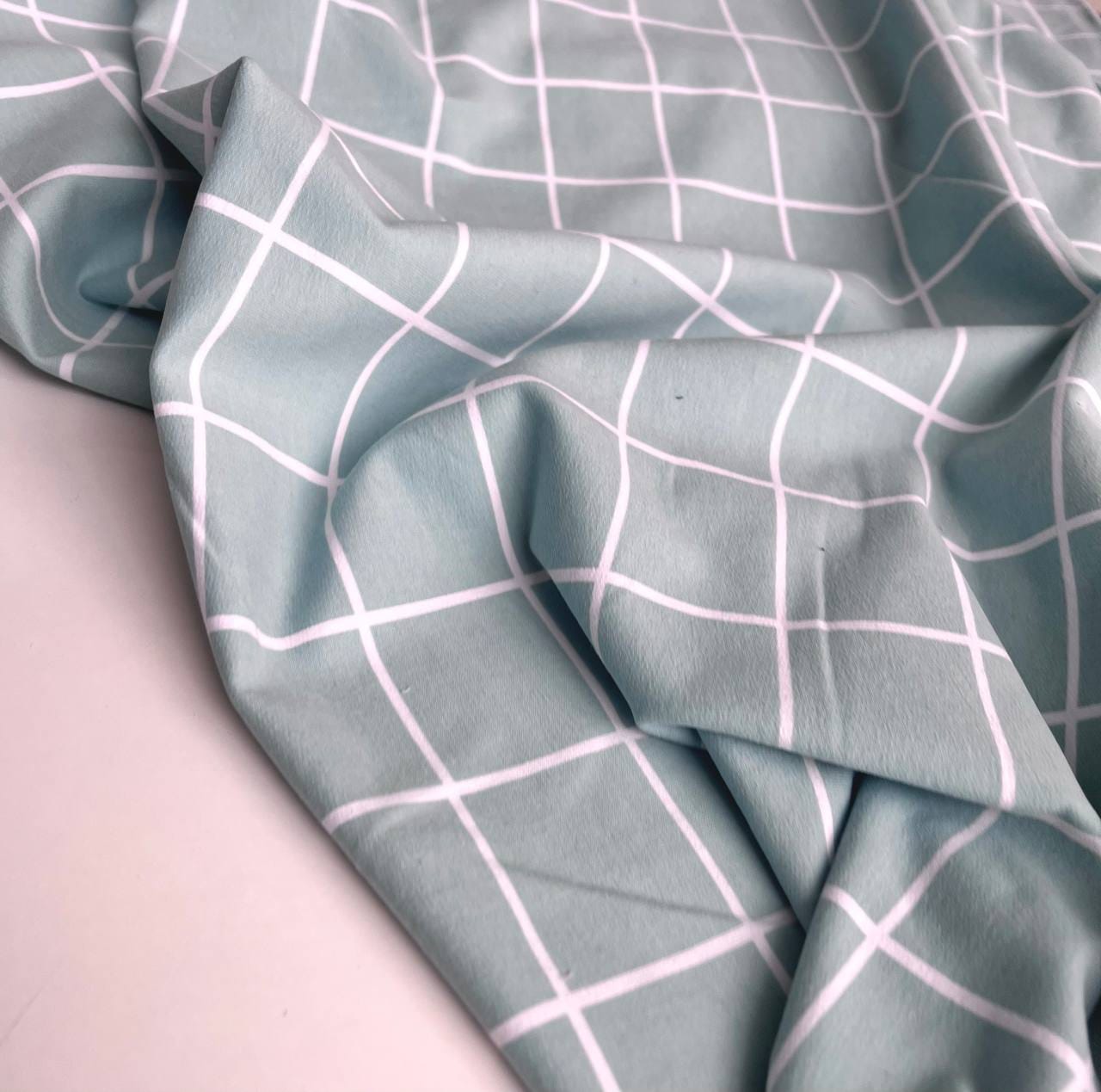 Футер 2х нитка с эффектом велюра, Клетка Пыльная мята