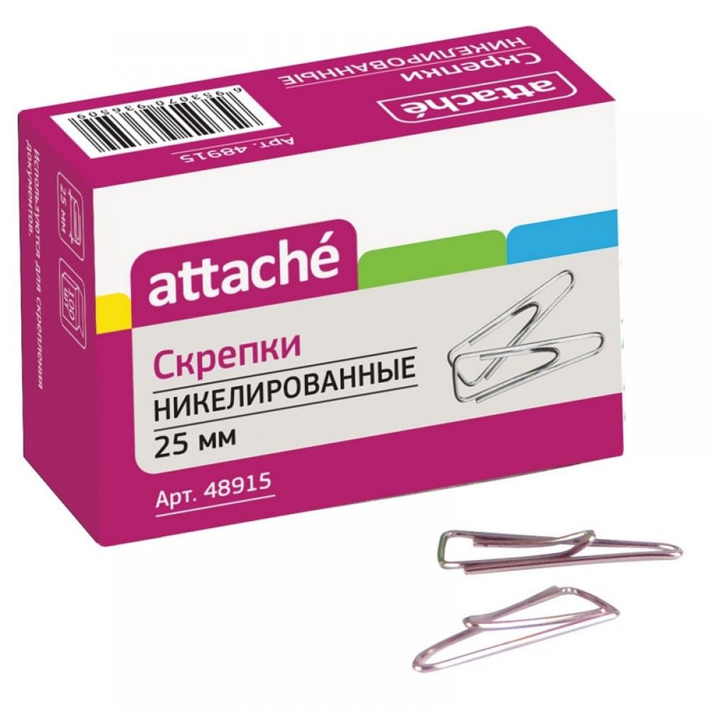 Скрепки 25 мм никелир., Attache треугольные (100шт.) Цена с НДС за 1 штуку