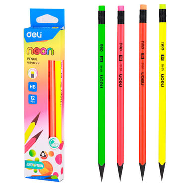 Карандаш простой чернографитный НВ пластик, с ластиком 190мм Neon ассорти DELI DELI Цена с НДС