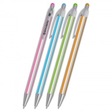 Ручка шариковая автоматическая BRAUBERG Stripes, СИНЯЯ, корпус ассорти, пишущий узел 0,5 мм, линия письма 0,3 мм, Цена с НДС