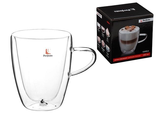 Кружка стеклянная с двойными стенками, 280 мл, серия CANELA, PERFECTO LINEA (Стеклянная кружка ручной работы из боросиликатного стекла) Цена с НДС