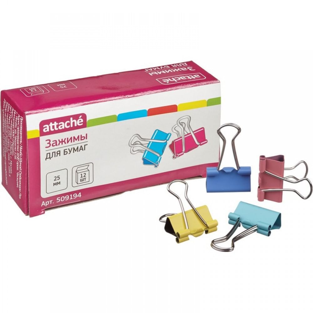 Зажимы для бумаг Attache, 25мм, 12шт/уп, ЦВЕТНЫЕ Attache Цена с НДС за 1 упаковку 12 INER