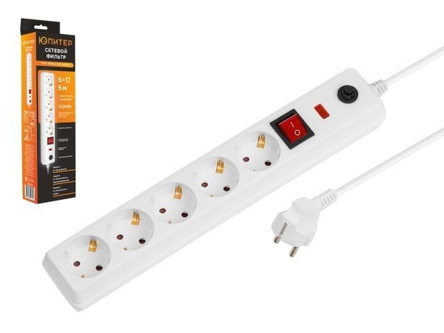 Фильтр сетевой 5м (5 роз., 2,2кВт, с/з, выкл, ПВС 3х0,75) белый/ЧЕРНЫЙ Юпитер (ЮПИТЕР) Цена с НДС за 1 штуку