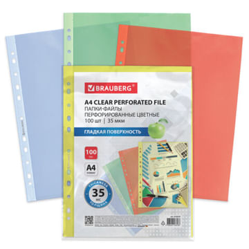Папки-файлы перфорированные КРАСНЫЕ А4 BRAUBERG, комплект 100 шт., гладкие, 35 мкм, 272677 BRAUBERG Цена с НДС за 1 упаковку