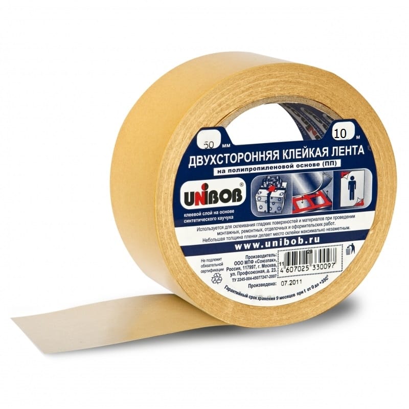 Скотч ДВУХСТОРОННИЙ 50мм х 10м, ПОЛИПРОПИЛЕНОВАЯ ОСНОВА, UNIBOB, РФ Цена с НДС за 1 штуку